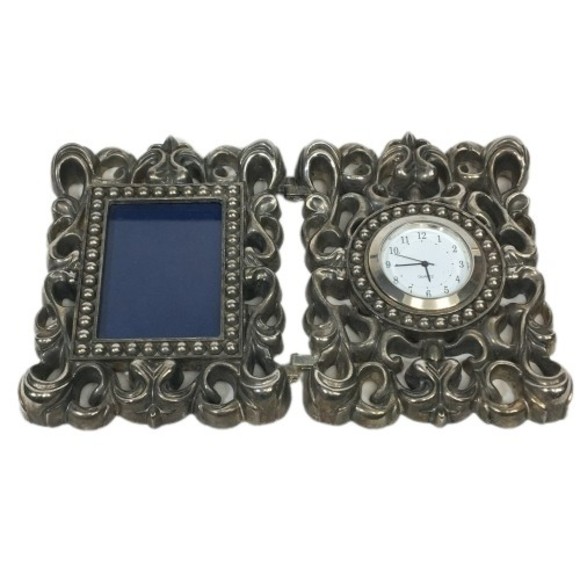 Silver-Plated Picture Frame & Clock Desk Top Beautiful Ornate Scroll Work Design - Picture 3 of 10